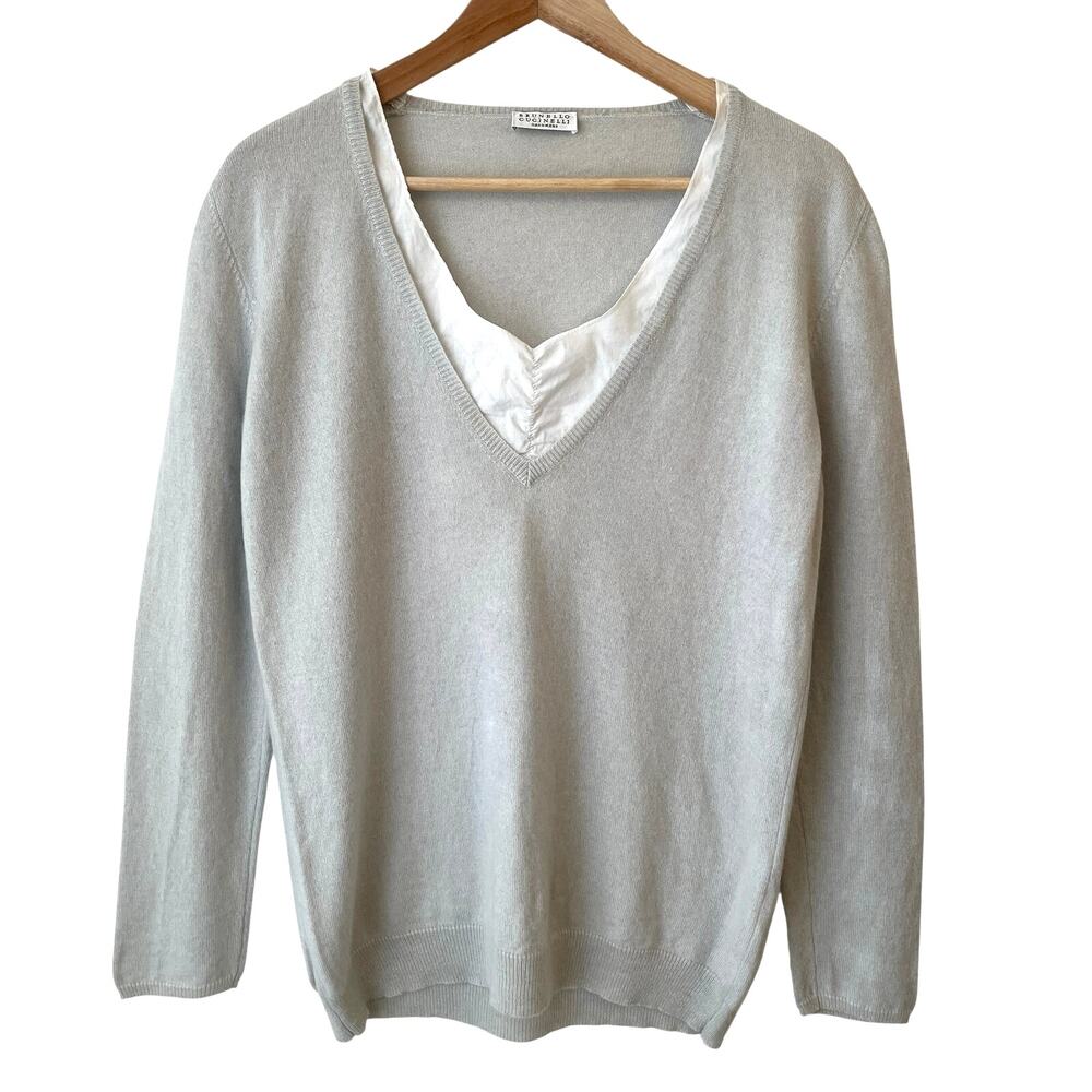 Brunello Cucinelli Light Gray V-Neck Sweater with White Inset